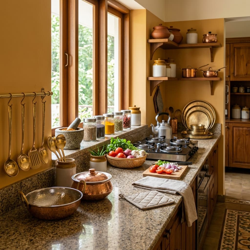 Premvati Kitchen — a warm, hygienic home kitchen with copper pots and fresh spices